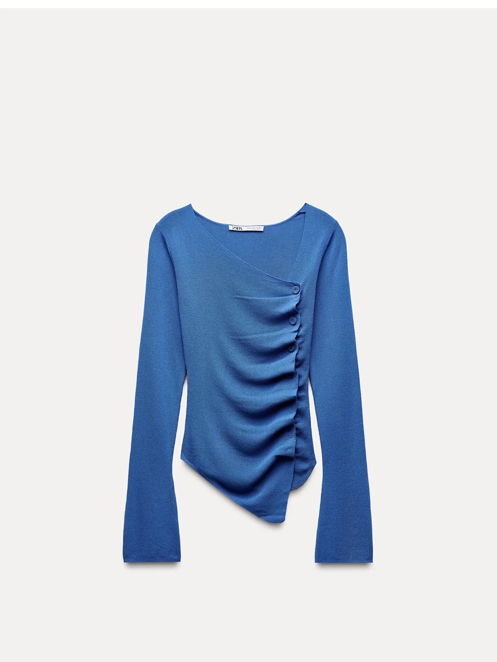 Zara Cobalt Blue Asymmetric Ruched Long-Sleeve Top